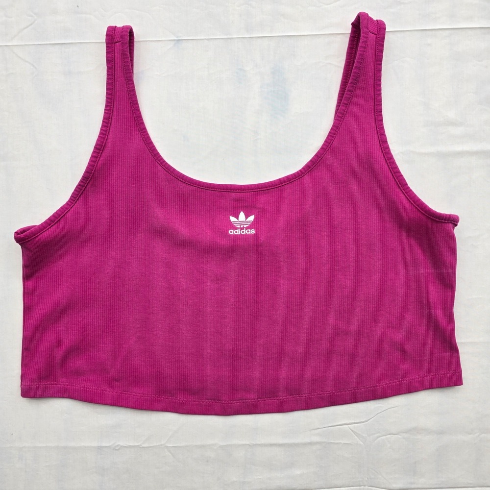 Adidas Originals Womens 2X Pink Ribbed Crop Tank Top Trefoil Logo HG5183